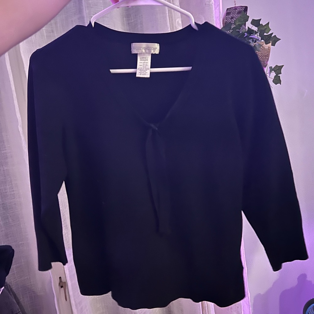 Worthington Black V-Neck Tie-Front Pullover Sweatshirt